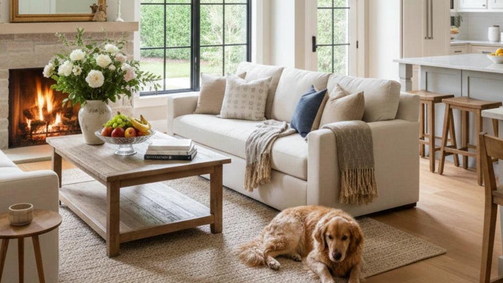 Cozy living room with a fireplace, white sofa, and dog lying on the floor.